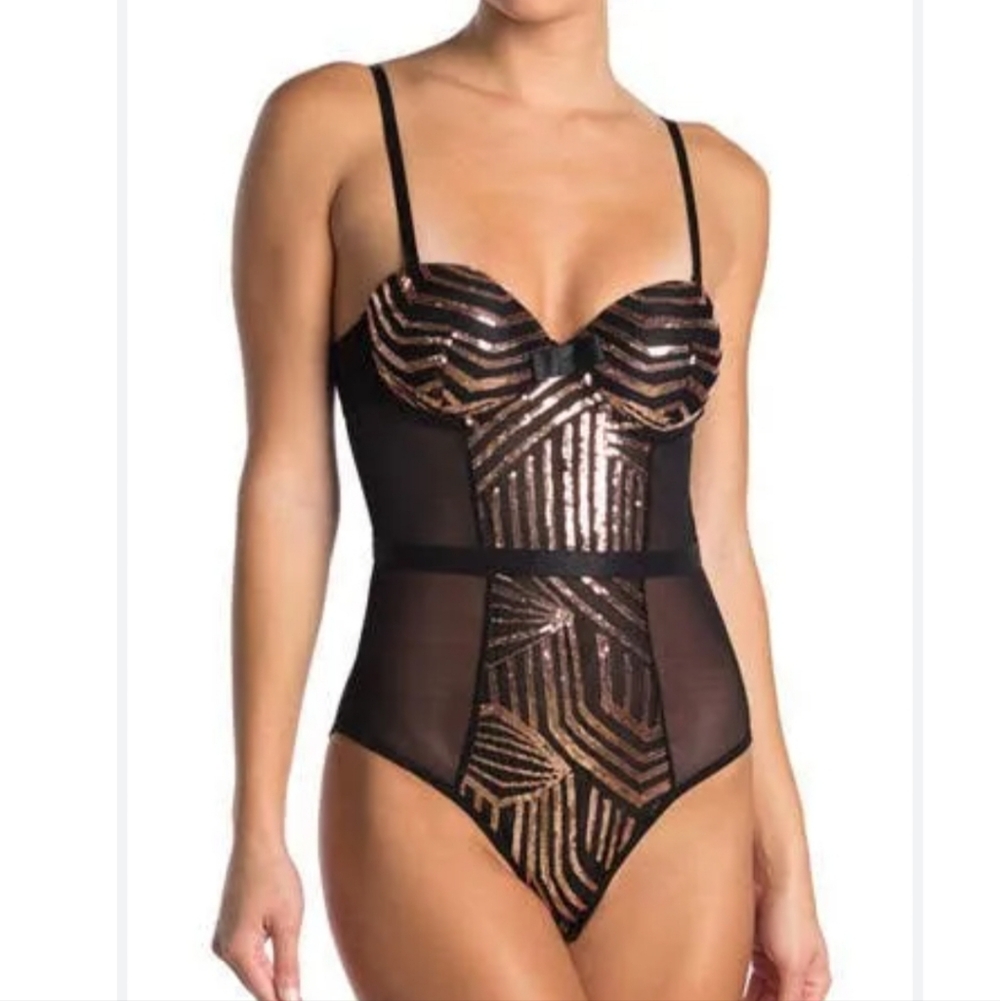 NWT Black Fuchsia Sequin Panel Bodysuit